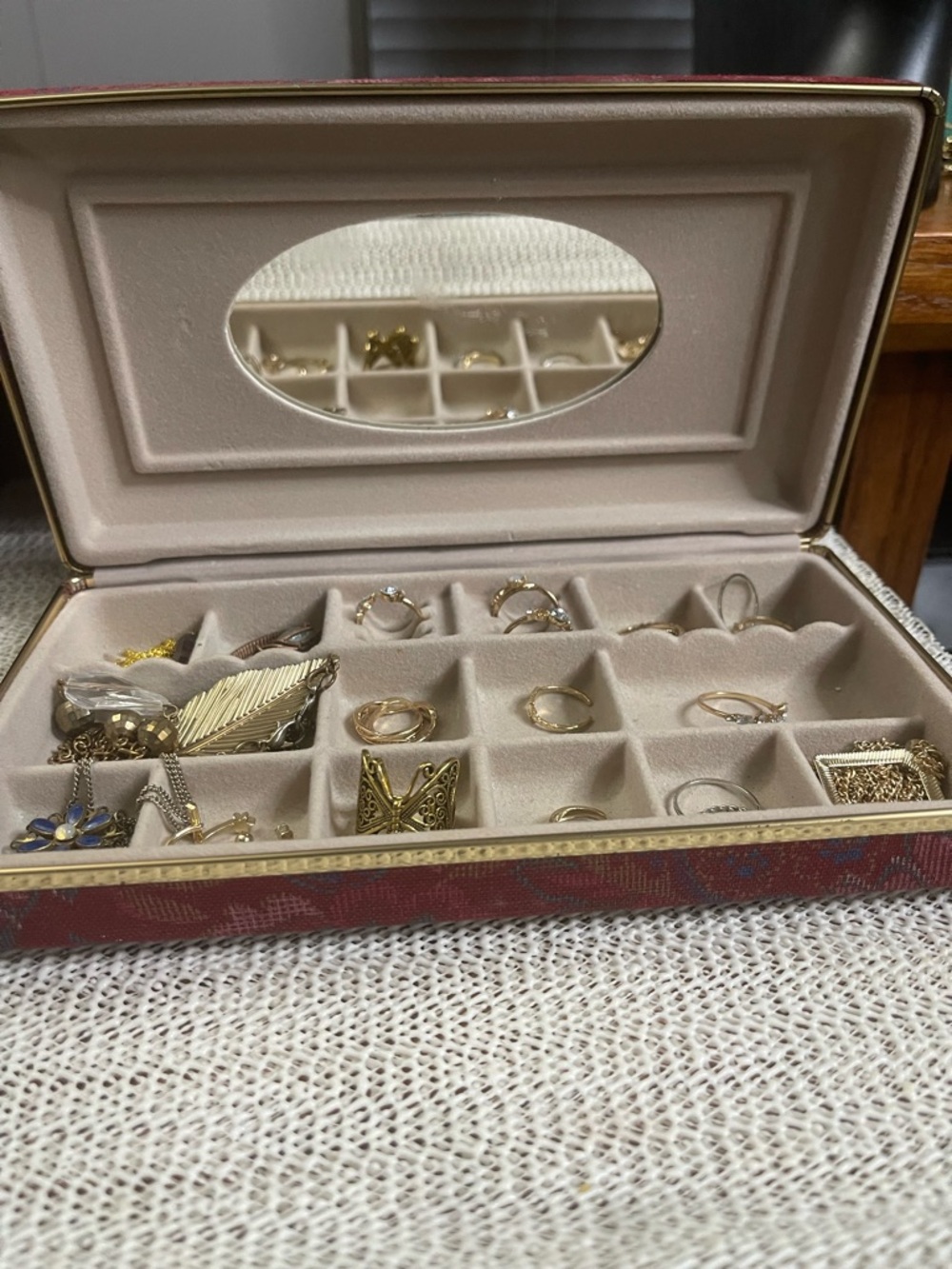 Vintage red floral tapestry travel jewelry box with mirror